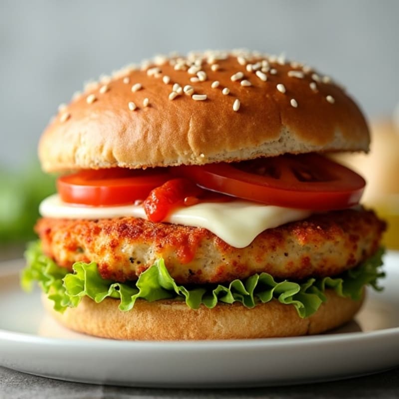 Crispy Chicken Patty Burger with Melted Mozzarella and Robust Tomato Sauce