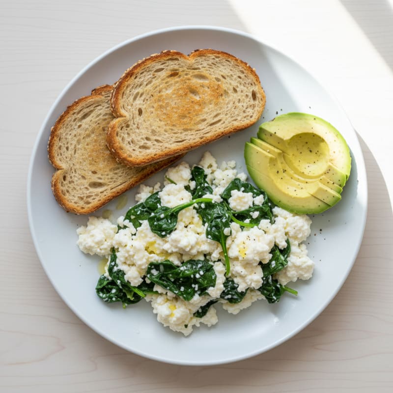 Egg White Scramble with Cottage Cheese and Sautéed Spinach