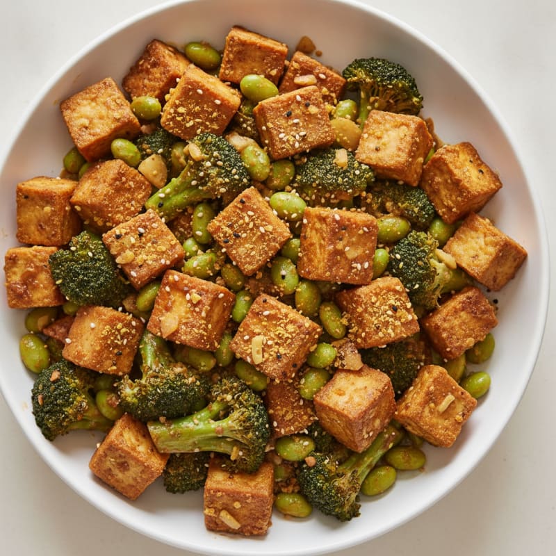 Crispy Baked Tofu with Broccoli and Edamame Stir Fry