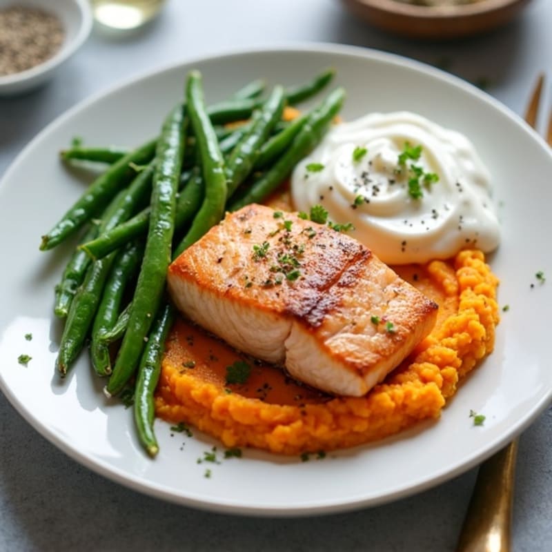 Seared Salmon Fillet with Steamed Green Beans and Sweet Potato Mash