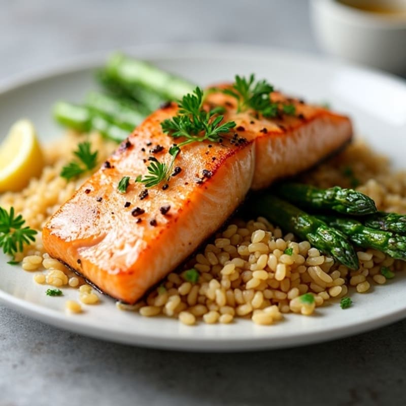Seared Salmon with Steamed Asparagus and Brown Rice