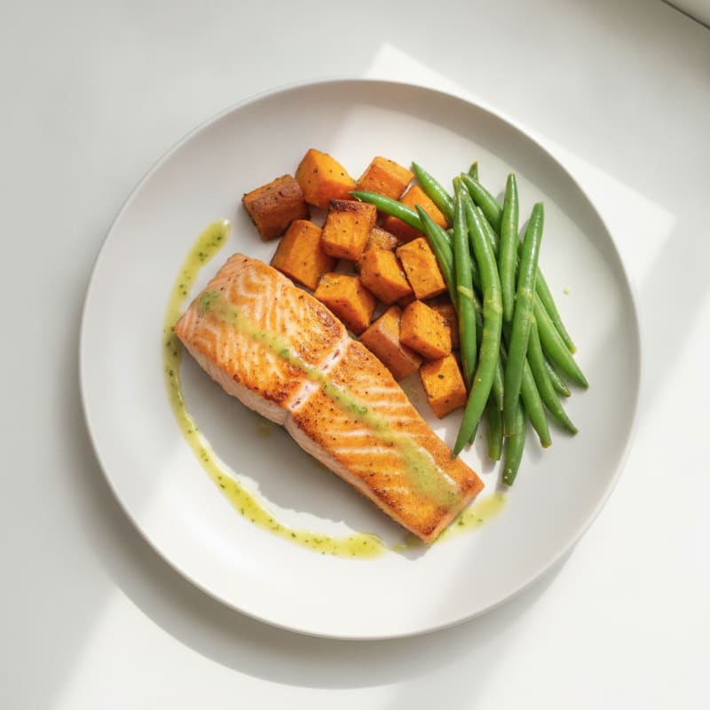 Seared Salmon with Roasted Sweet Potatoes and Green Beans