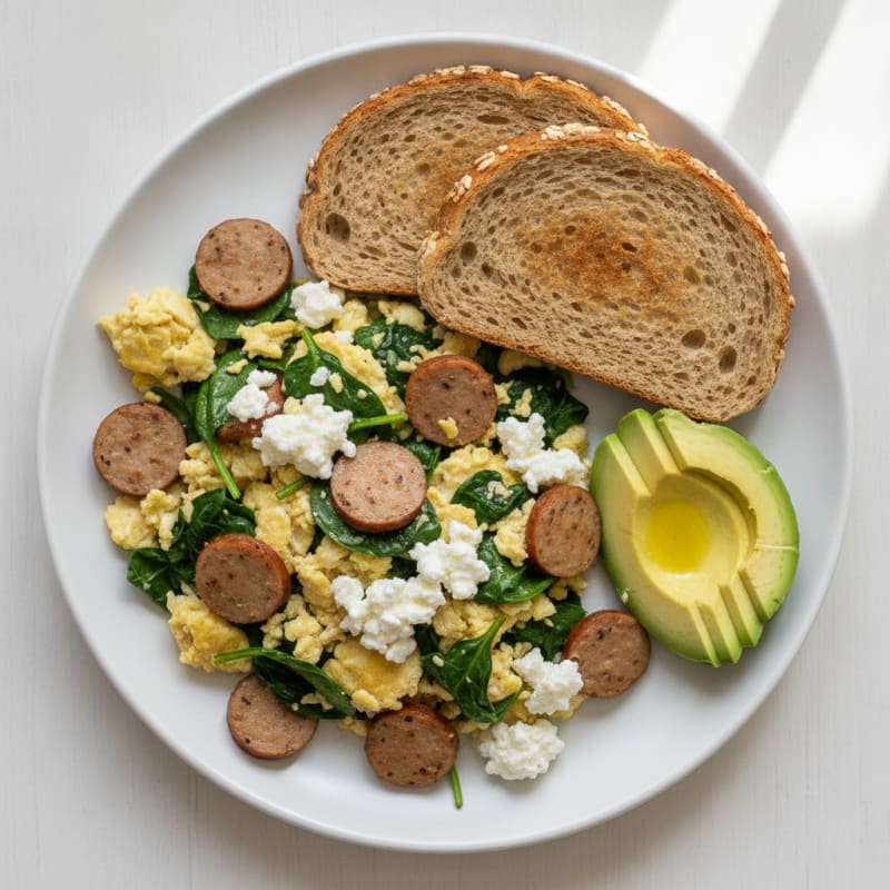 Egg White and Turkey Sausage Scramble with Cottage Cheese and Spinach