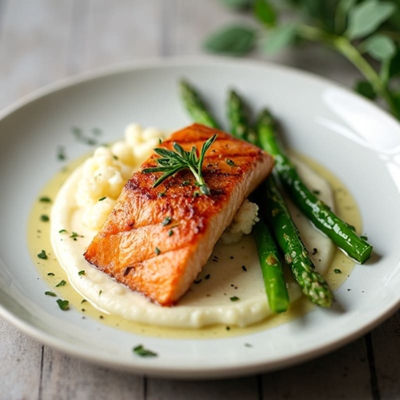 Seared Salmon with Steamed Asparagus and Cauliflower Mash
