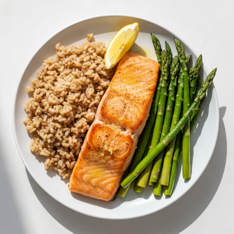 Seared Salmon with Steamed Asparagus and Brown Rice