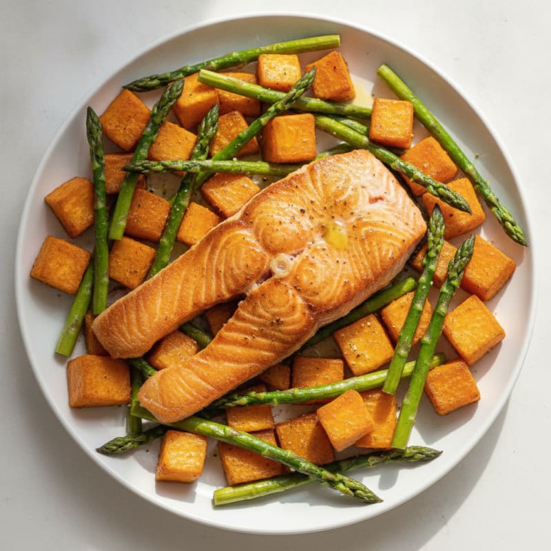 Seared Salmon with Roasted Sweet Potatoes and Asparagus