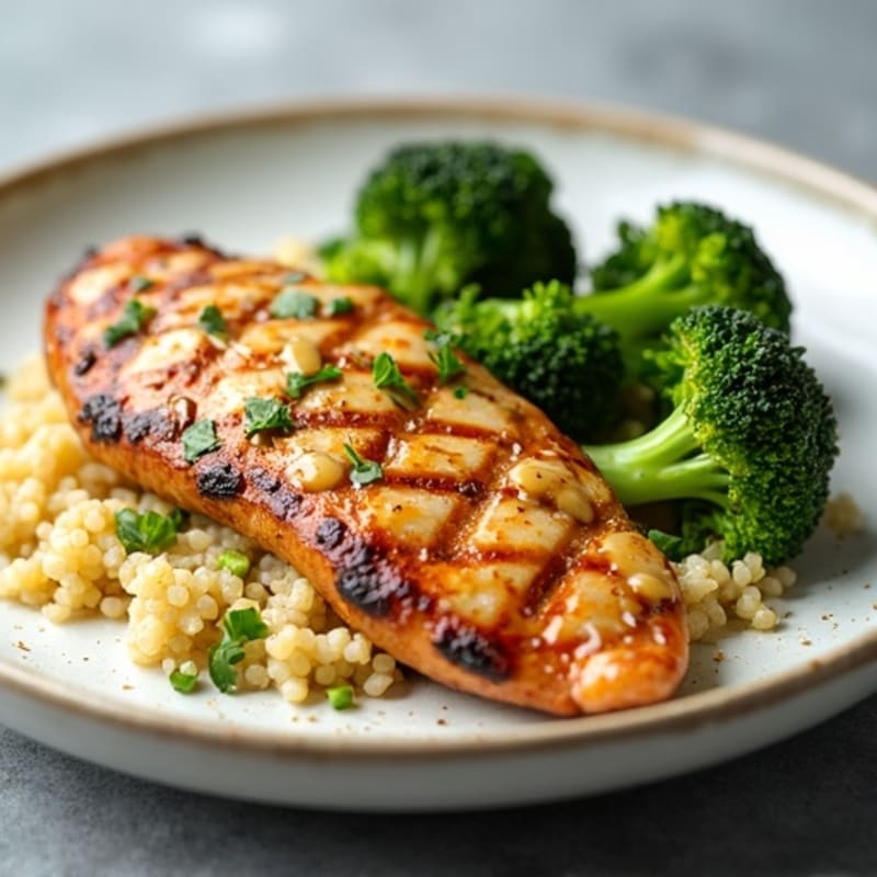 Grilled Chicken Breast with Quinoa, Roasted Broccoli and Lemon Tahini Drizzle