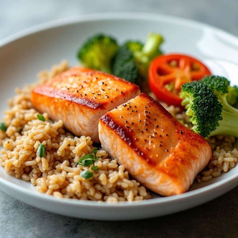 Pan-Seared Salmon with Sesame-Ginger Brown Rice and Fresh Vegetables