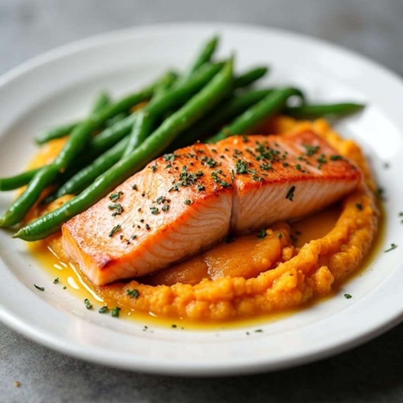 Seared Salmon with Garlic Green Beans and Sweet Potato Mash
