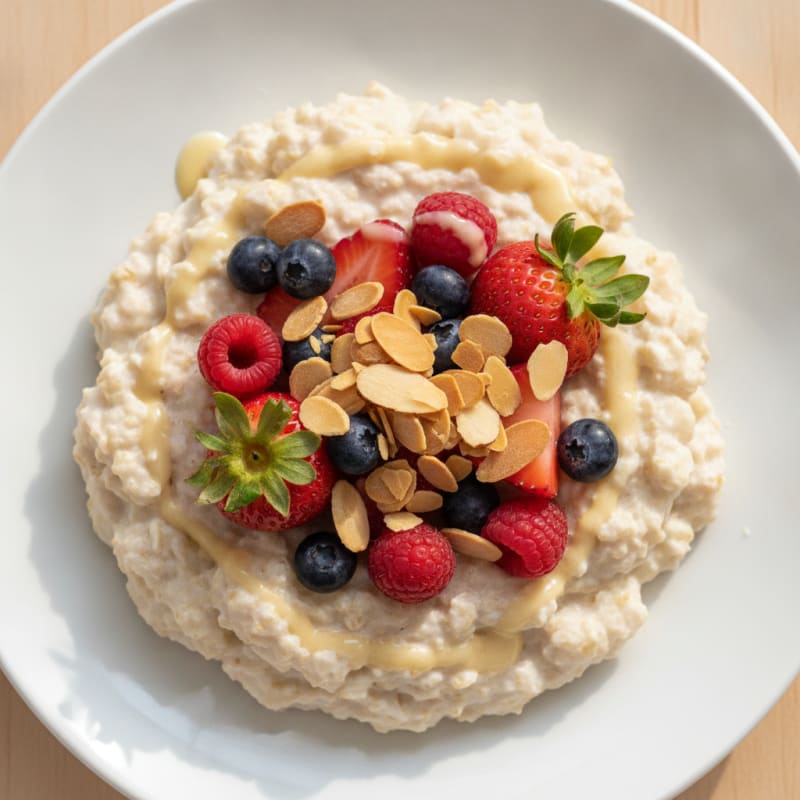 Silky Vanilla Protein Oatmeal with Mixed Berries and Almonds