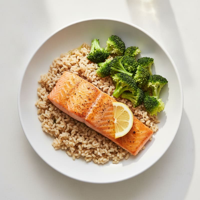 Seared Salmon with Steamed Broccoli and Brown Rice