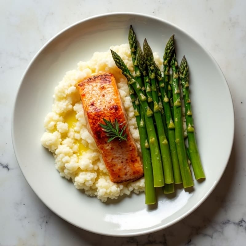 Seared Salmon Fillet with Steamed Asparagus and Cauliflower Mash