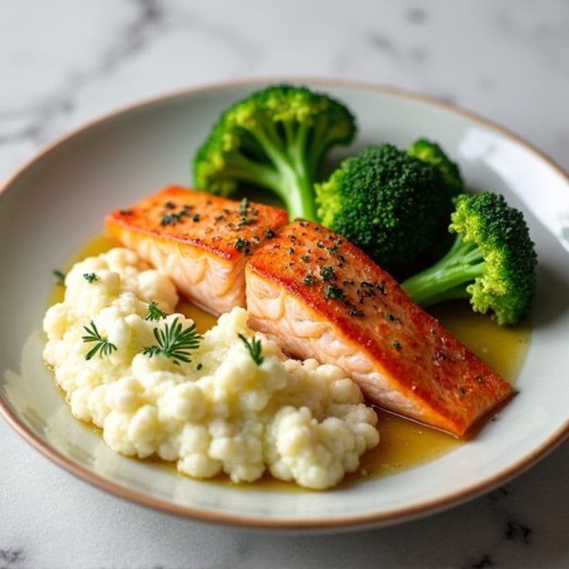 Seared Salmon with Steamed Broccoli and Garlic Mashed Cauliflower