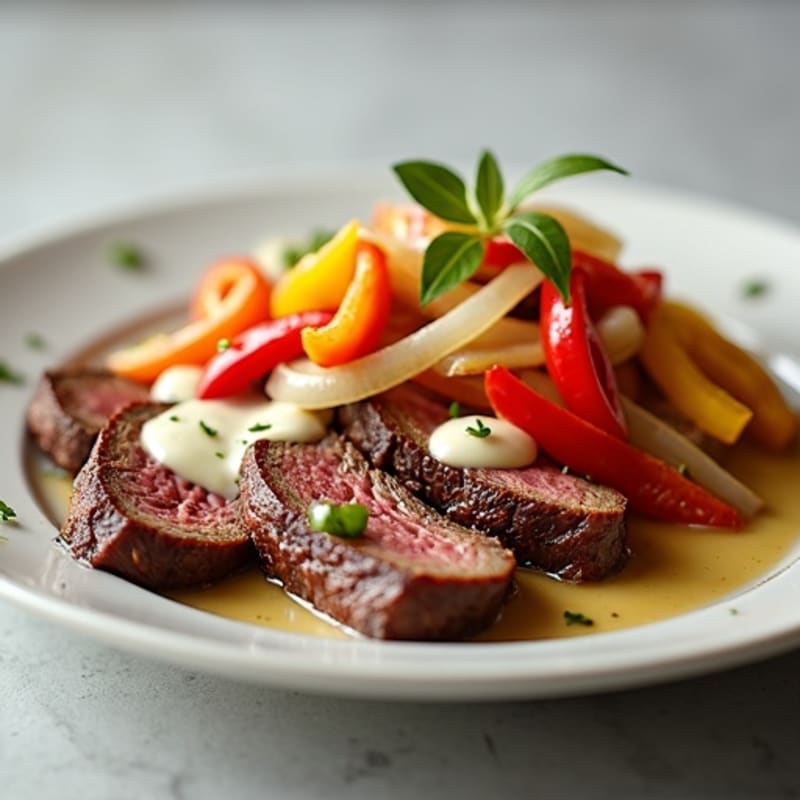 Lean Sliced Steak with Sautéed Peppers, Onions, and Creamy Cheese Sauce