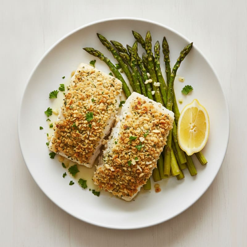 Baked Herb-Crusted Cod with Roasted Asparagus
