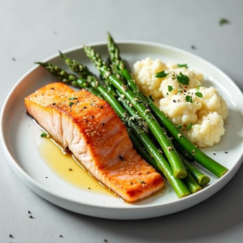 Seared Salmon with Steamed Asparagus and Cauliflower Mash