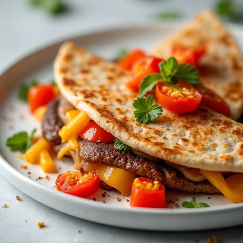 Crispy Whole Wheat Steak Quesadilla with Sautéed Peppers and Onions