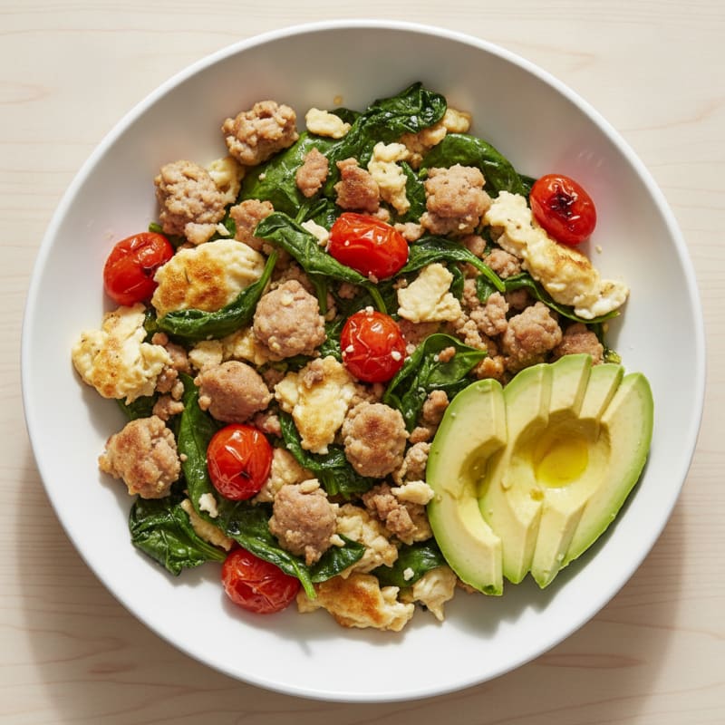 Egg White and Turkey Sausage Scramble with Spinach and Tomatoes