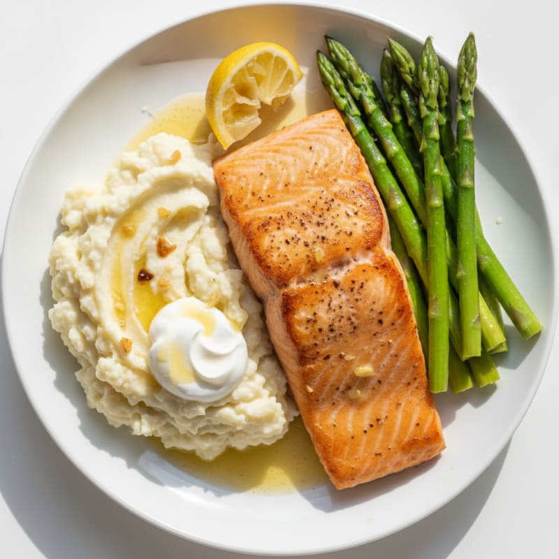 Seared Salmon with Steamed Asparagus and Garlic Mashed Cauliflower