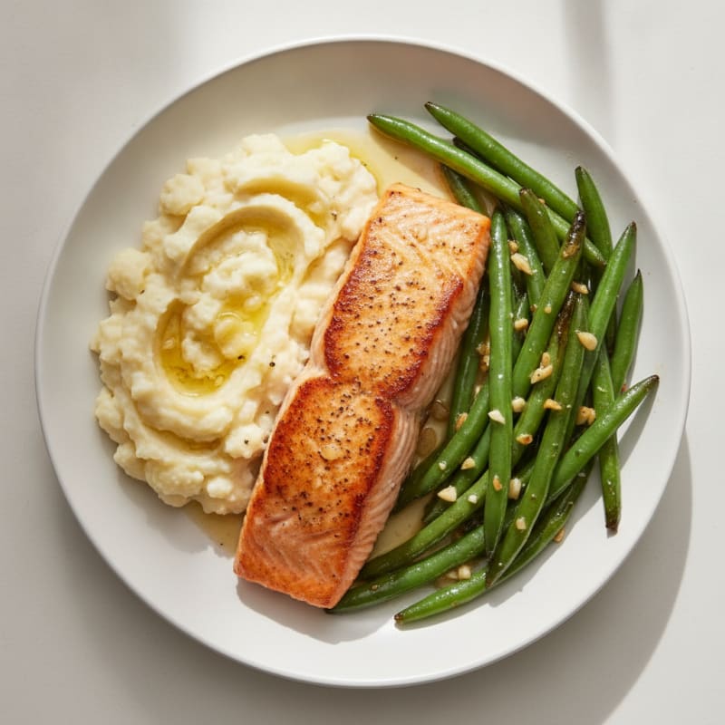 Seared Salmon with Garlic Green Beans and Mashed Cauliflower