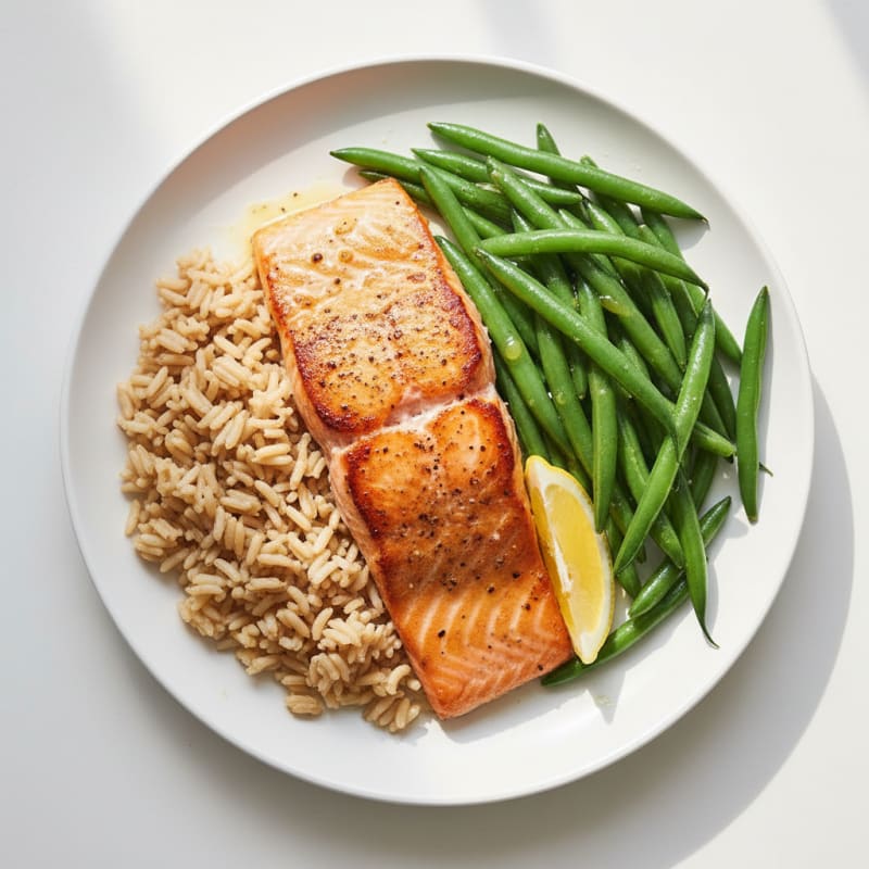 Seared Salmon Fillet with Steamed Green Beans and Brown Rice