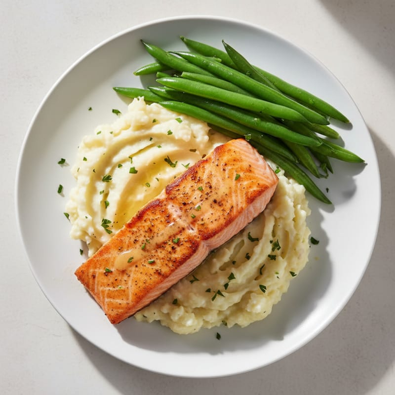 Seared Salmon with Steamed Green Beans and Garlic Mashed Cauliflower