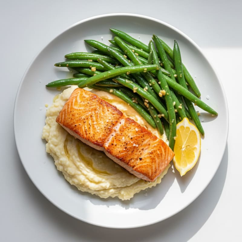 Seared Salmon with Garlic Green Beans and Cauliflower Mash