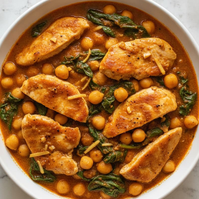 Curried Chickpea and Spinach Stew with Tender Chicken