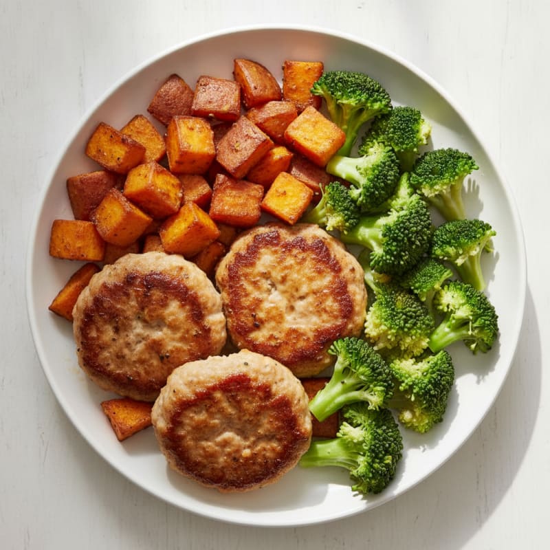 Seared Turkey Patties with Roasted Sweet Potato and Steamed Broccoli