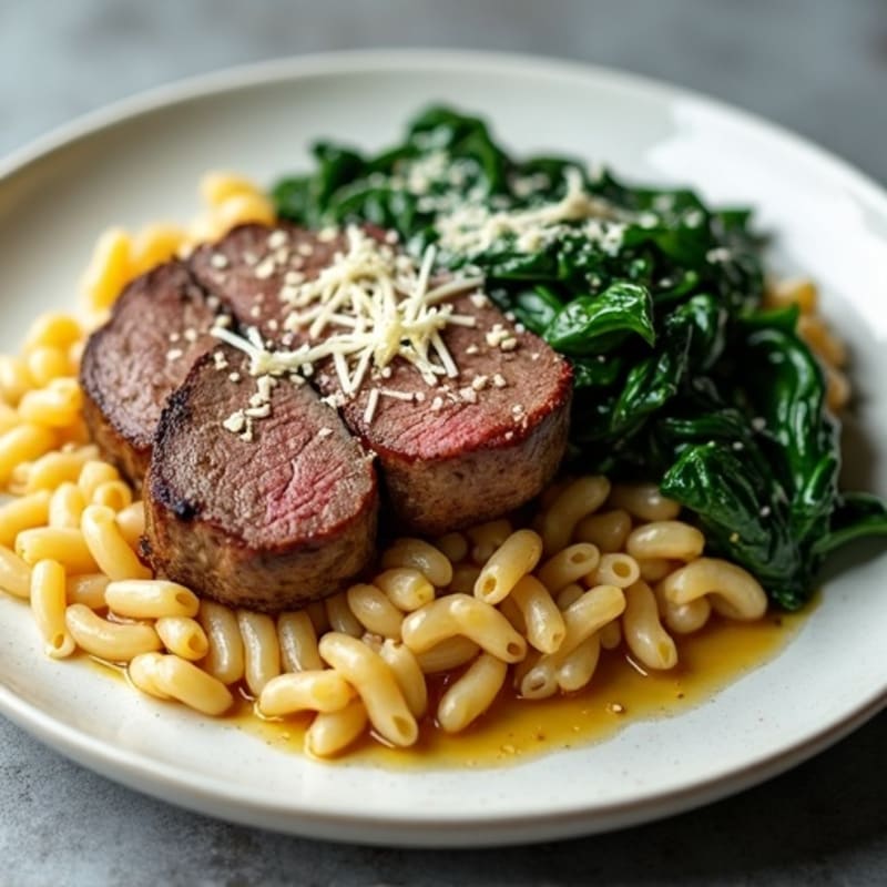 Seared Beef Striploin with Roasted Garlic Pasta and Sautéed Spinach