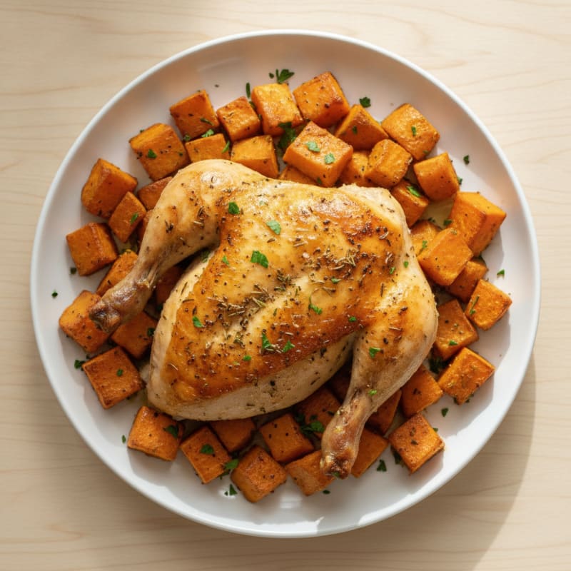 Herb-Roasted Spatchcock Chicken with Sweet Potatoes