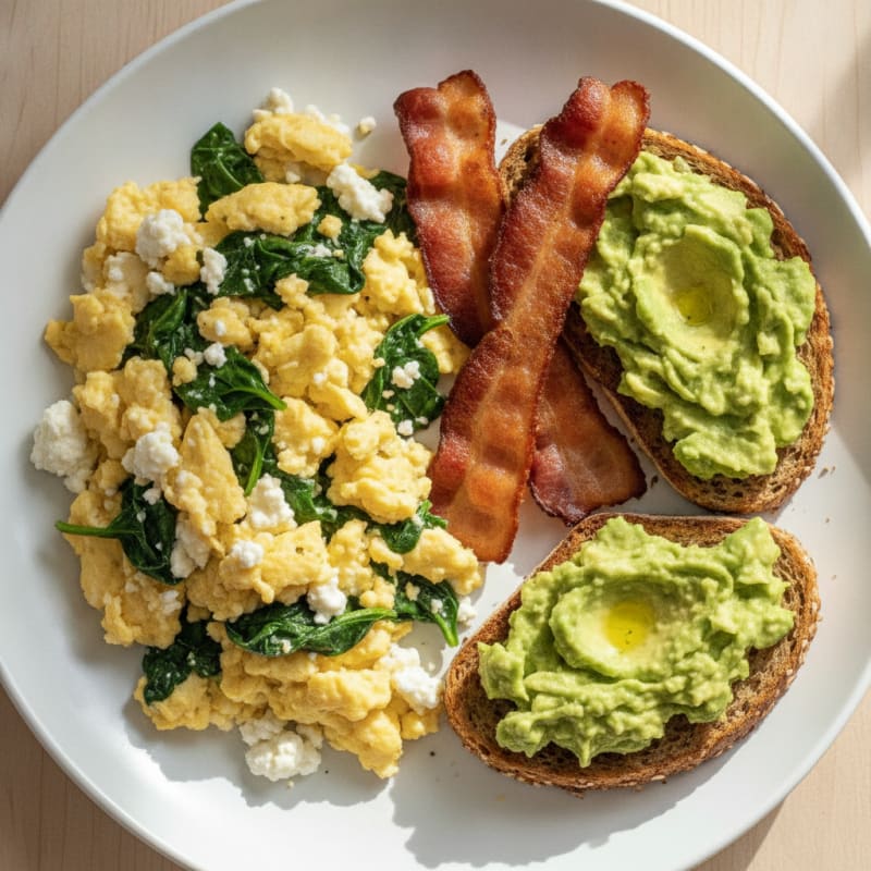 Cottage Cheese Scramble with Spinach and Turkey Bacon
