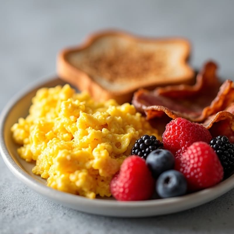 Fluffy Scrambled Eggs with Crispy Canadian Bacon, Whole Grain Toast, and Fresh Berries