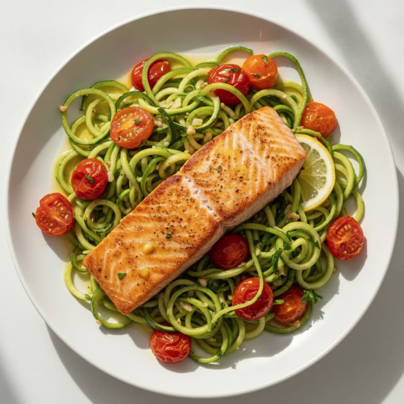 Seared Salmon with Zucchini Noodles and Cherry Tomatoes