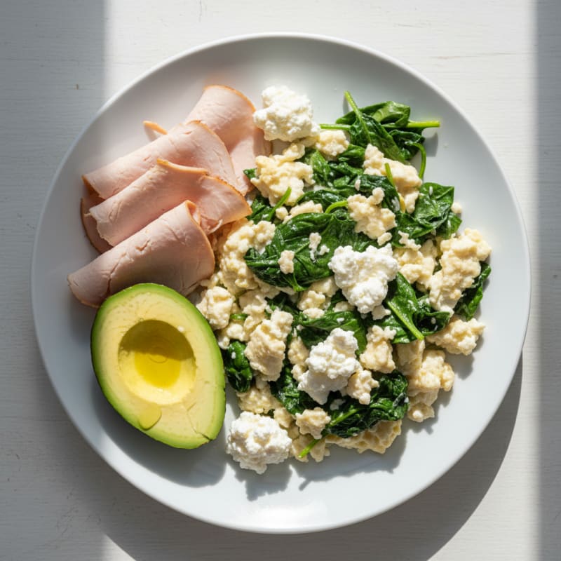 Egg White Spinach Scramble with Cottage Cheese and Sliced Turkey