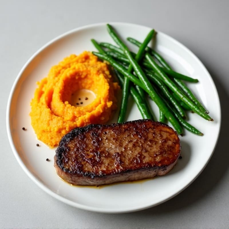 Seared Beef Steak with Garlic Green Beans and Sweet Potato Mash
