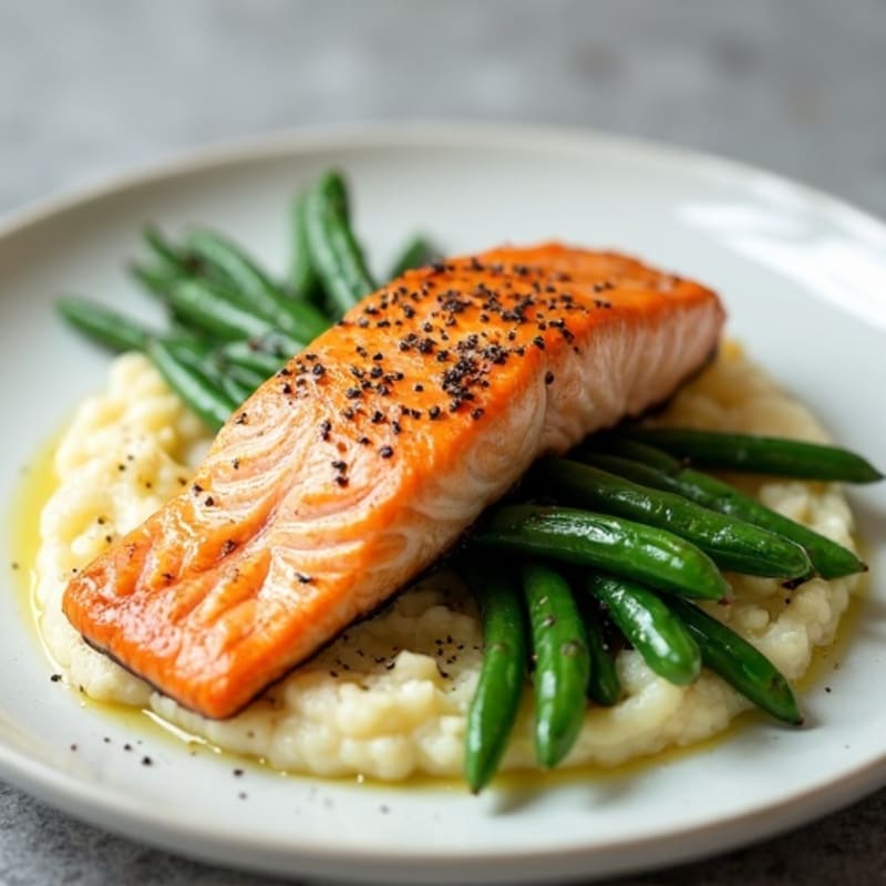 Seared Salmon with Garlic Green Beans and Cauliflower Mash