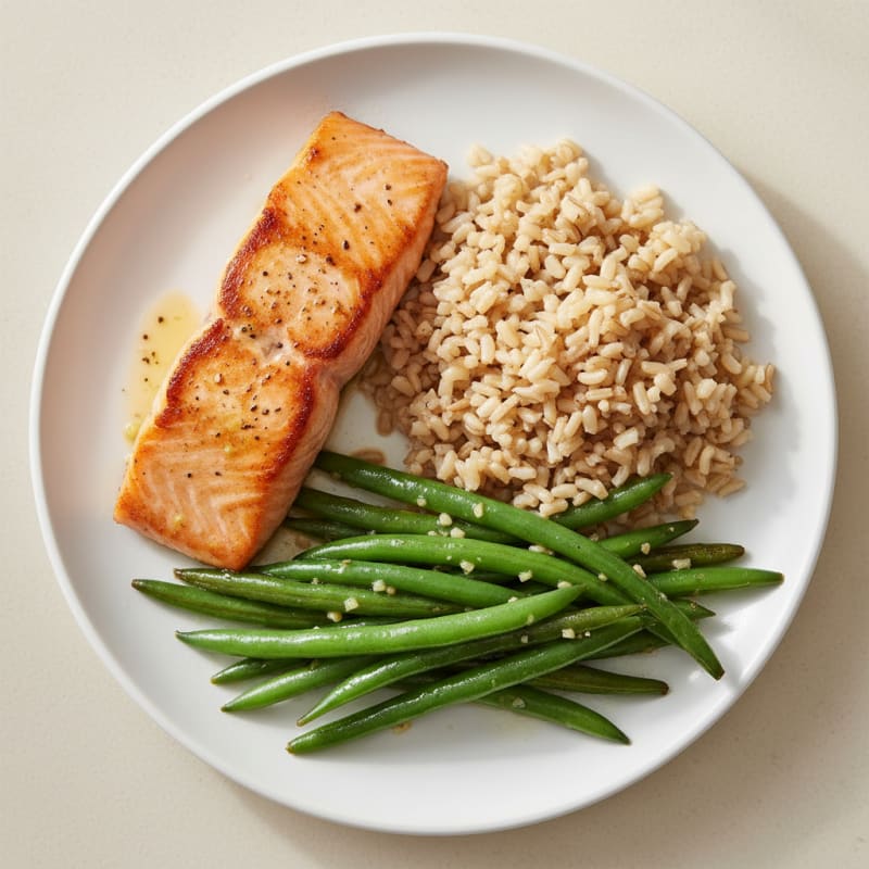 Seared Salmon with Garlic Green Beans and Brown Rice