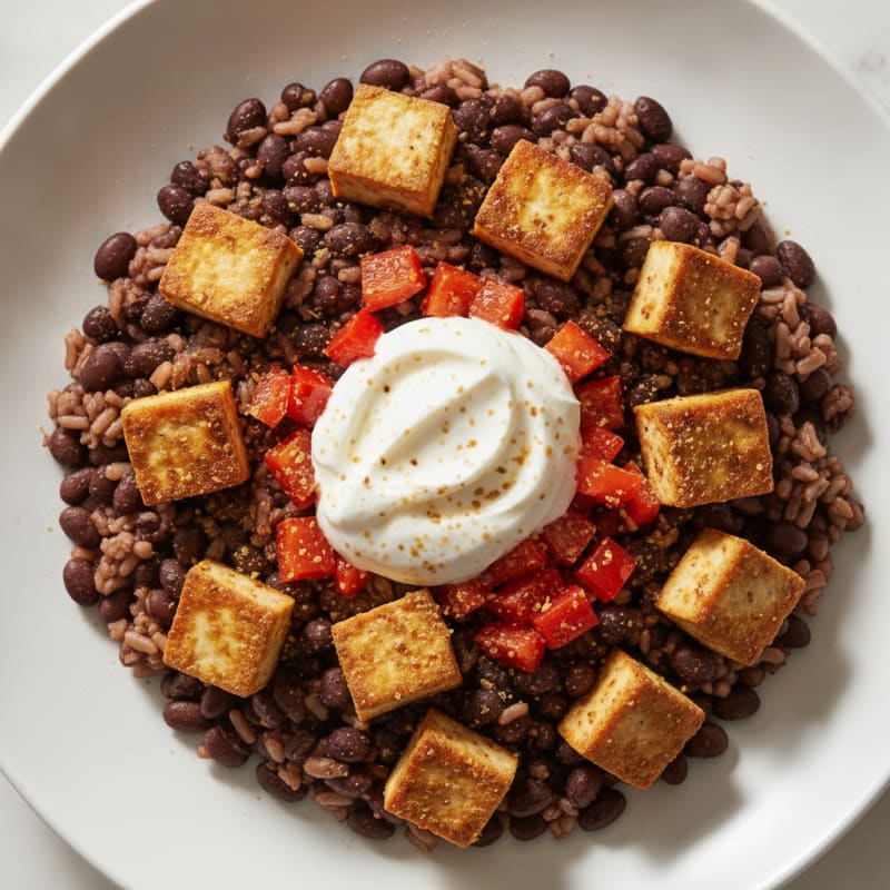 Pan-Seared Tofu with Black Beans and Rice