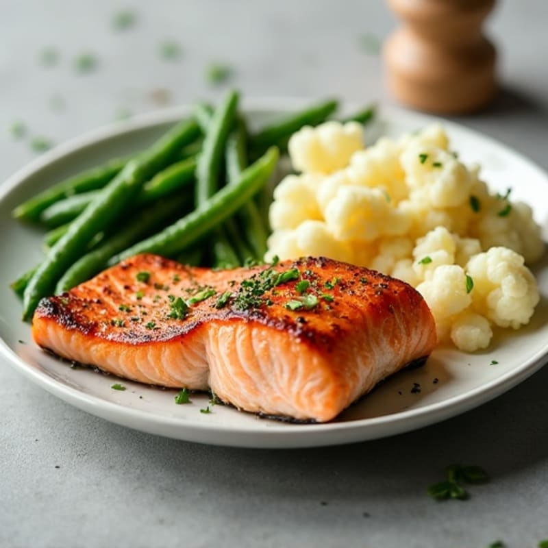 Seared Salmon with Garlic Green Beans and Cauliflower Mash