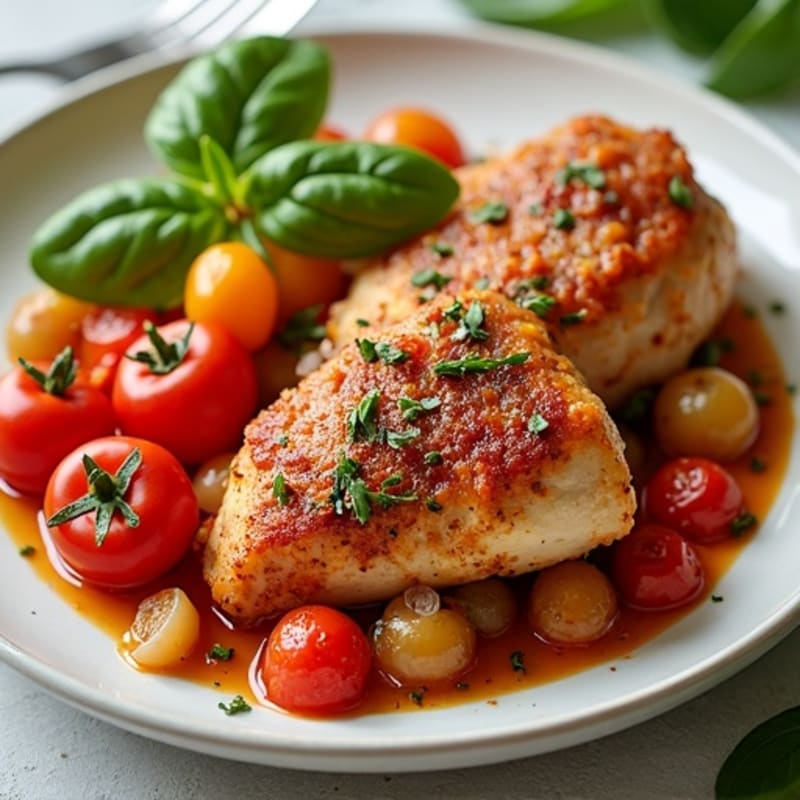 Braised Tomato Herb Chicken with Bell Peppers and Onions