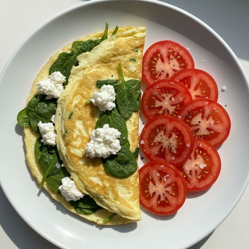 Egg White Spinach Omelette with Cottage Cheese and Sliced Tomatoes