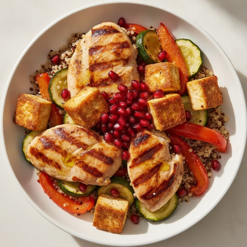 Grilled Chicken and Tofu Power Bowl with Quinoa and Roasted Vegetables