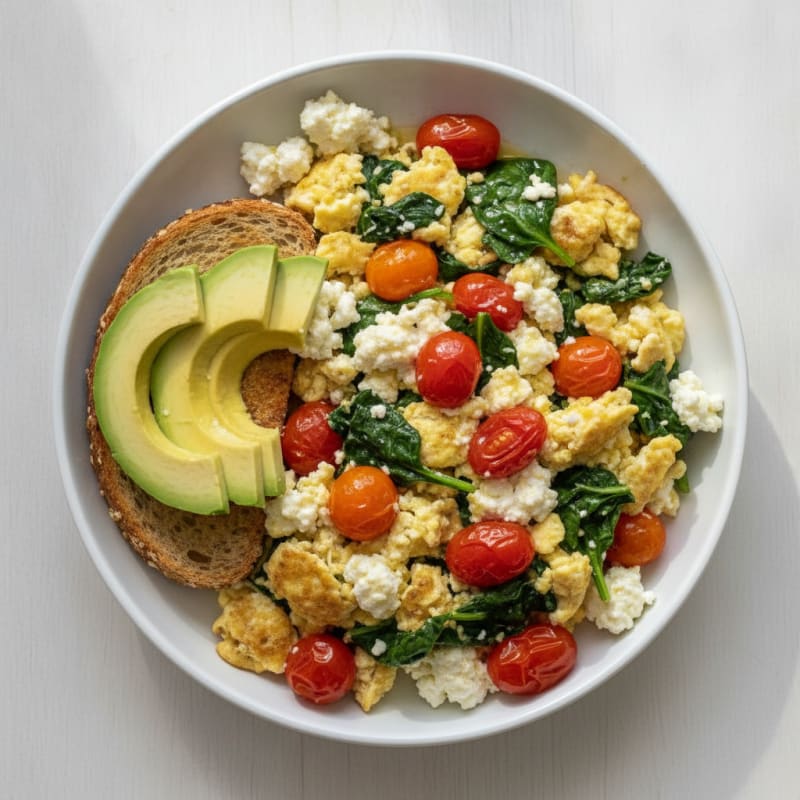 Cottage Cheese Egg Scramble with Spinach and Cherry Tomatoes