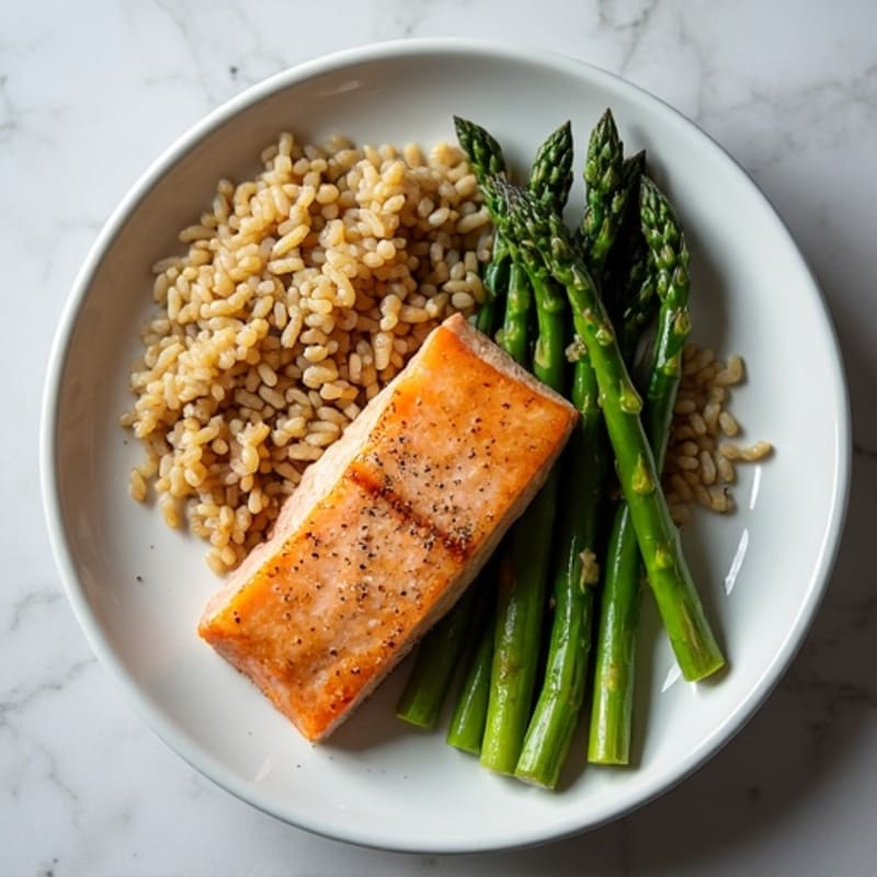 Seared Salmon with Steamed Asparagus and Brown Rice