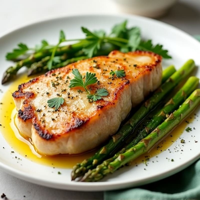 Garlic Herb Pan-Seared Pork Chop with Roasted Asparagus