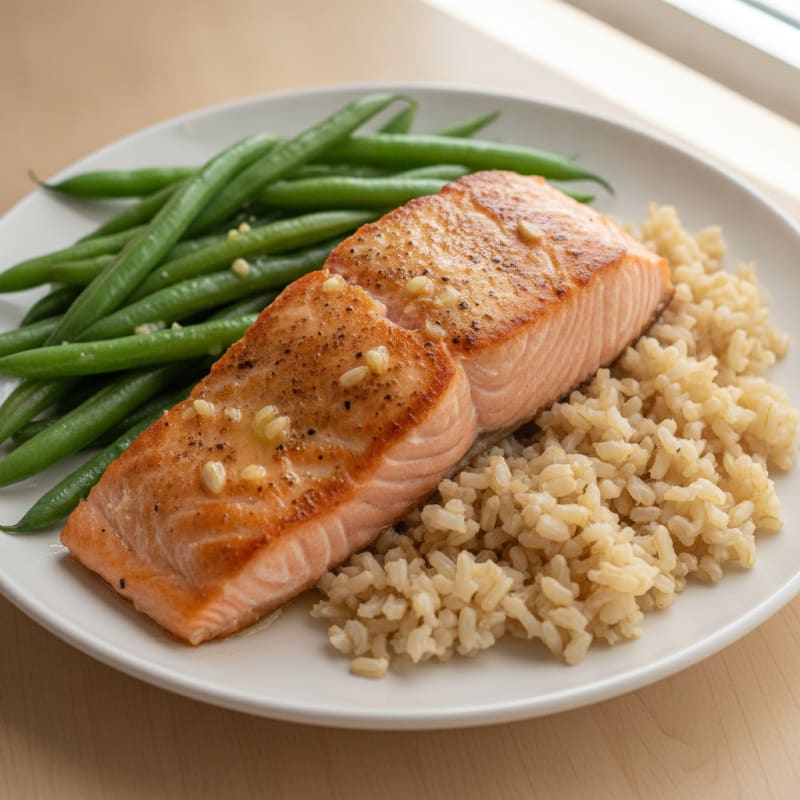 Seared Salmon with Steamed Green Beans and Brown Rice