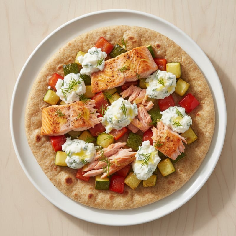 Seared Salmon Flatbread with Roasted Vegetables and Herbed Ricotta
