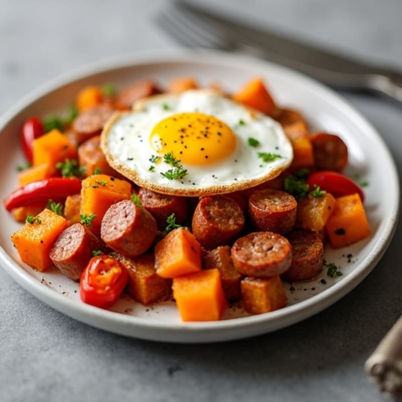 Savory Sweet Potato Hash with Eggs and Chicken Sausage