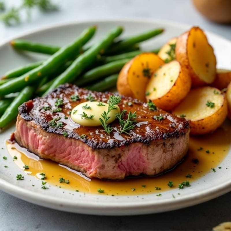 Garlic Butter Pan-Seared Steak with Roasted Crispy Potatoes and Green Beans